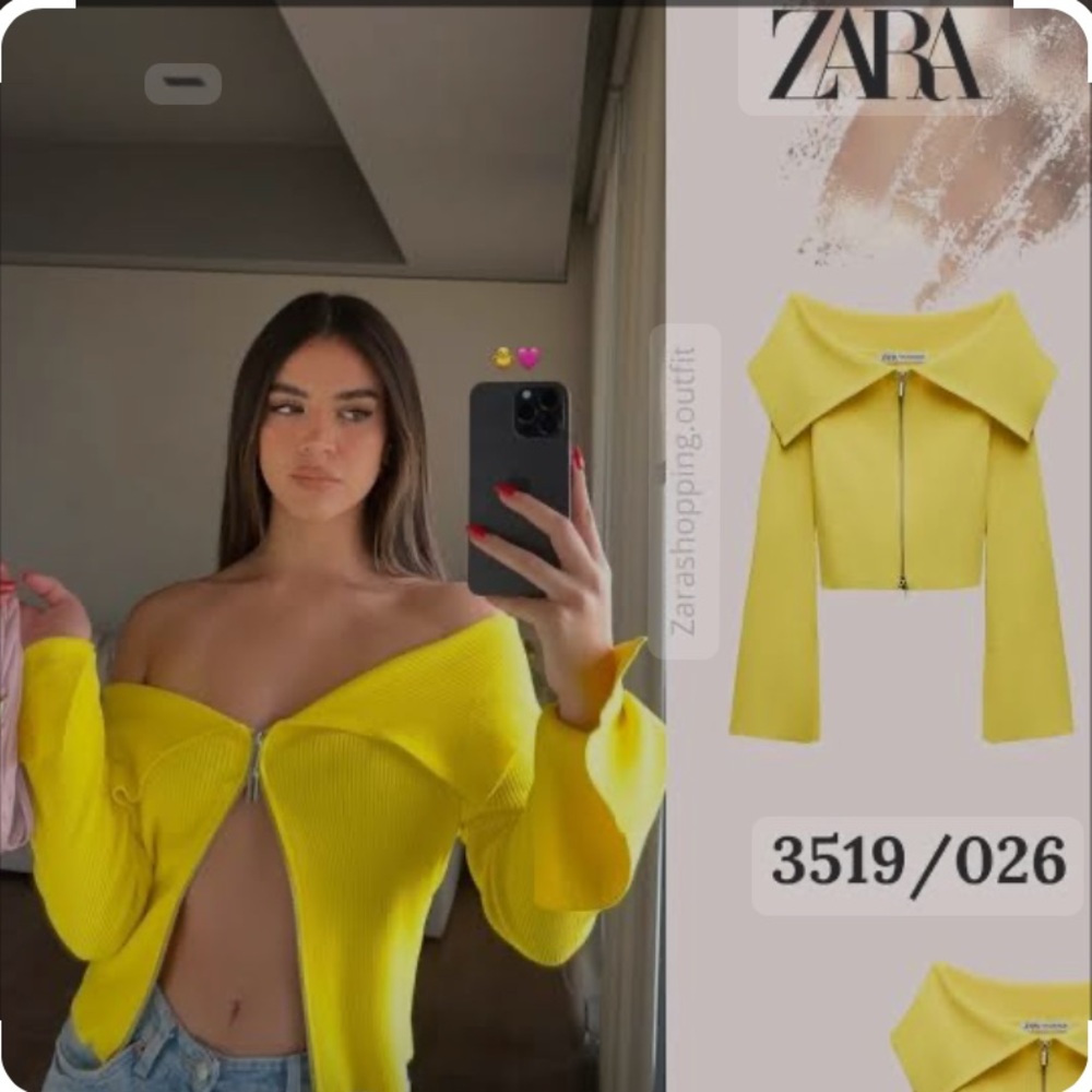 NWT Zara Vibrant Yellow Off-Shoulder Zipper Cardigan sweater